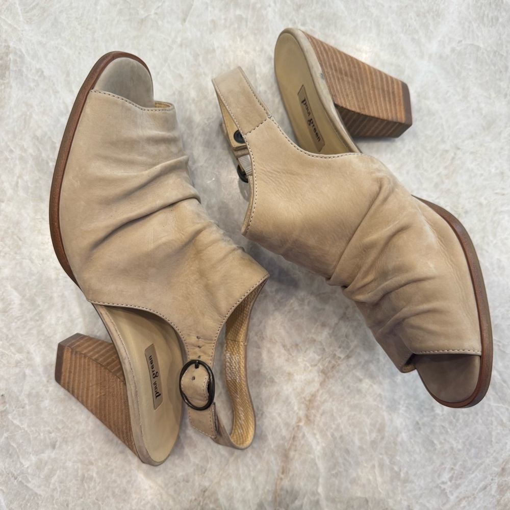 NEW Paul Green Beige Suede Stacked Heel Slingback PeepToe Sandals, Sz 8.5 no box